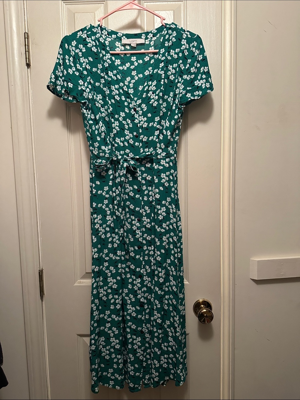 LOFT Green Floral Tie-Waist Maxi Dress